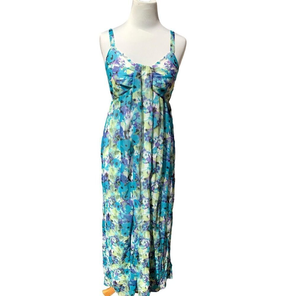 VASNA DESIRE LADIES BLUE MULTI COLORED MAXI DRESS FLOWY LINED SIZE SMALL